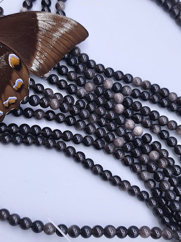 fil perles obsidienne argenté 6mm